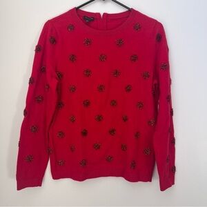 Talbots Wool Blend Red Sweater with Circle Embellishment Pom Poms Size Large
